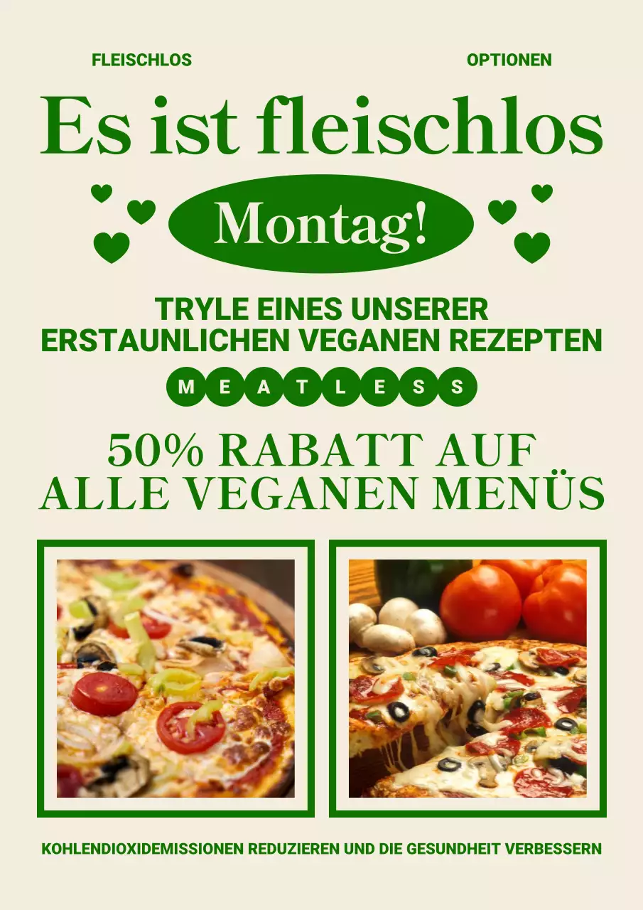 Werbung für ein kitschiges vegetarisches Menü in Beige und Grün