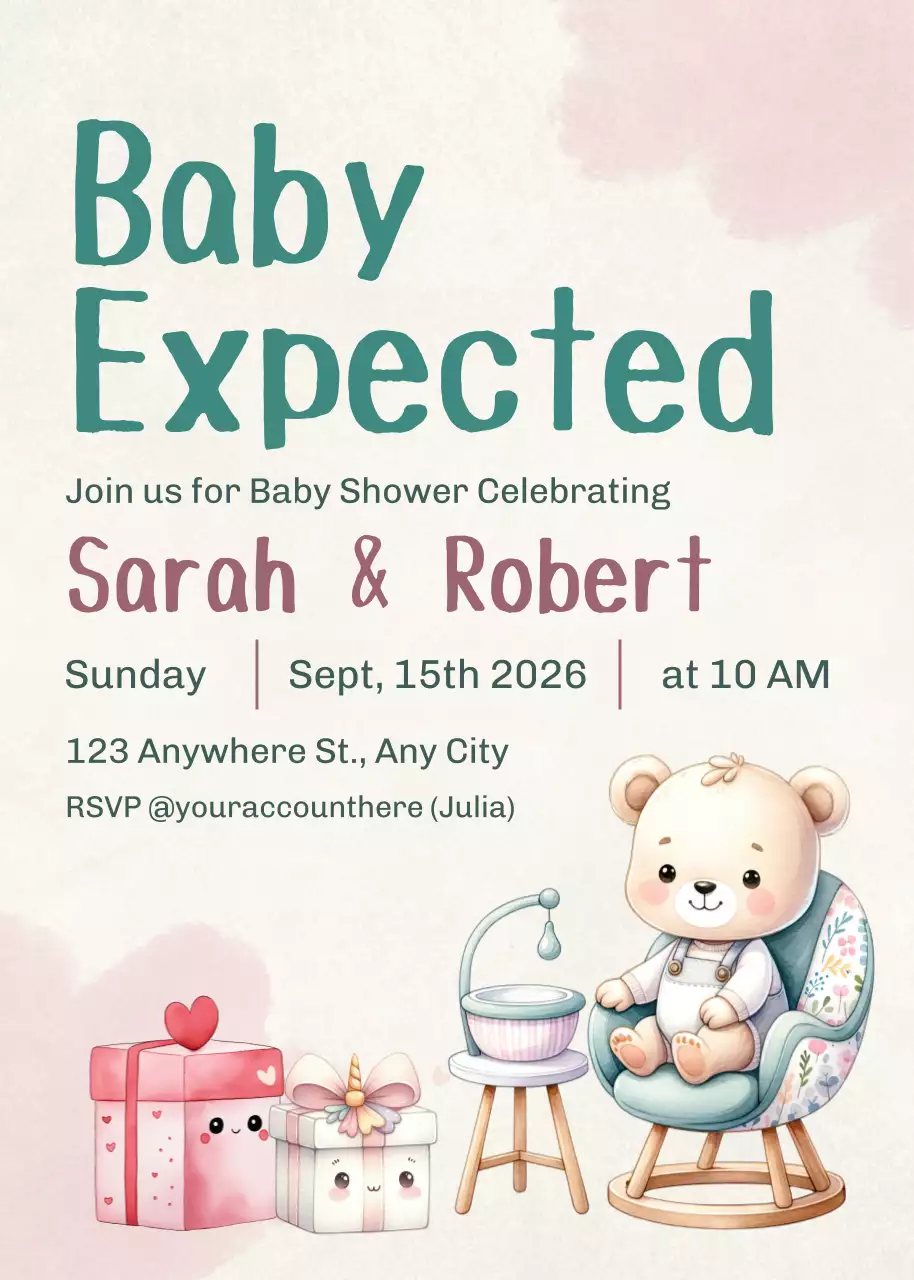 Thiệp mời tiệc mừng em bé màu hồng dễ thương