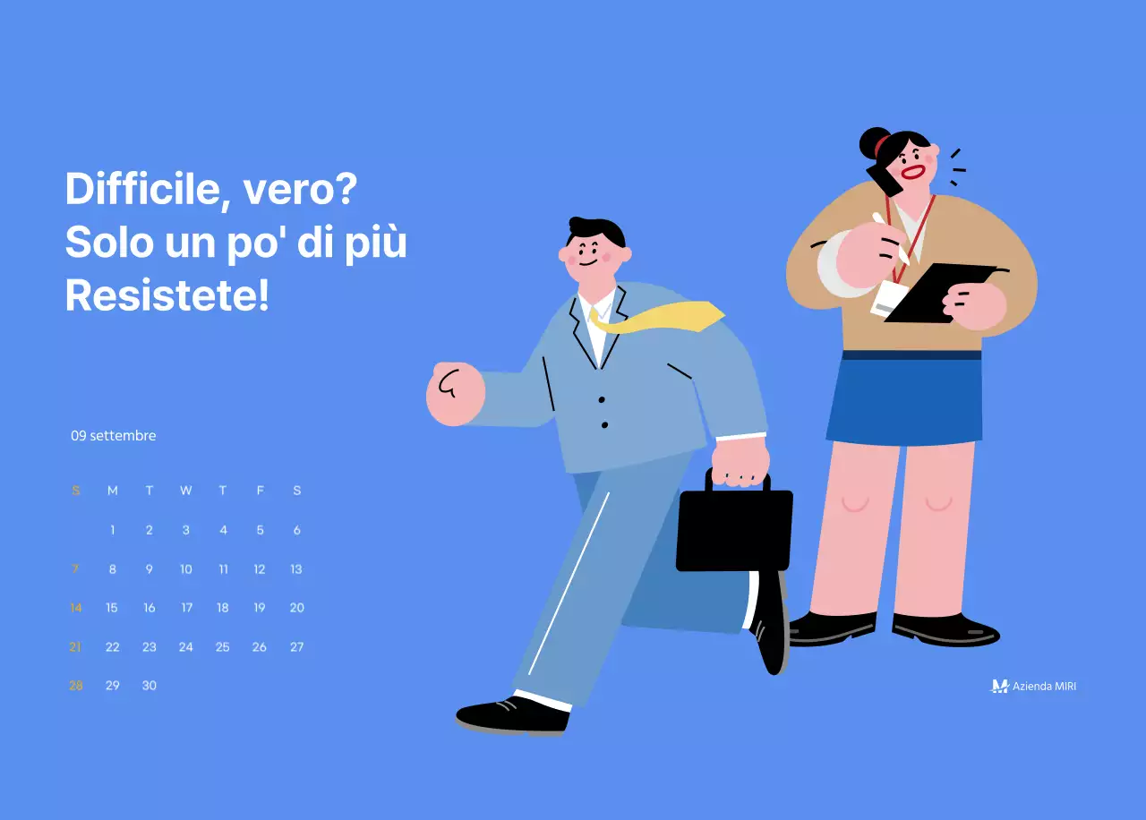 Calendario motivazionale con illustrazioni energetiche e citazioni positive su sfondo azzurro