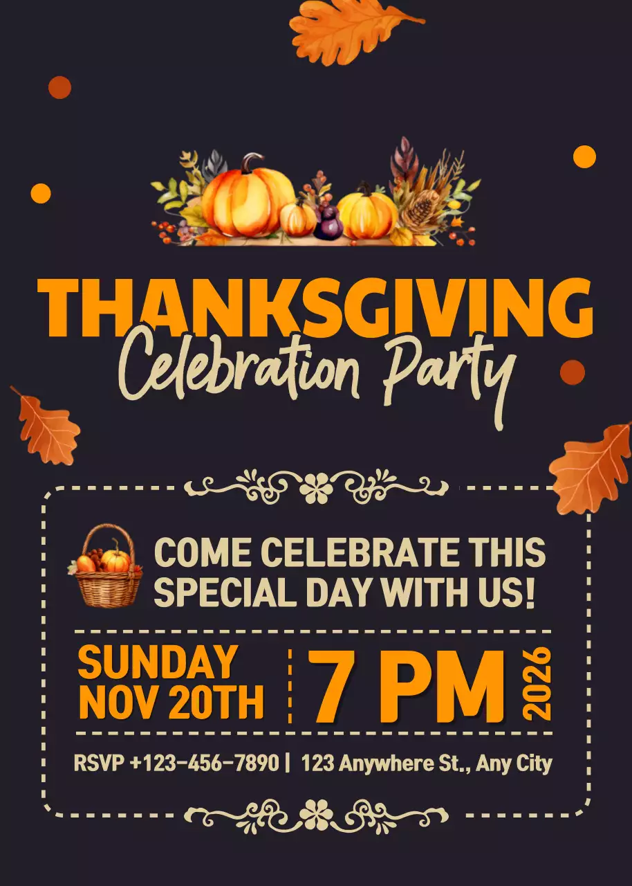Orange Modern Thanksgiving Celebration Party Invitation