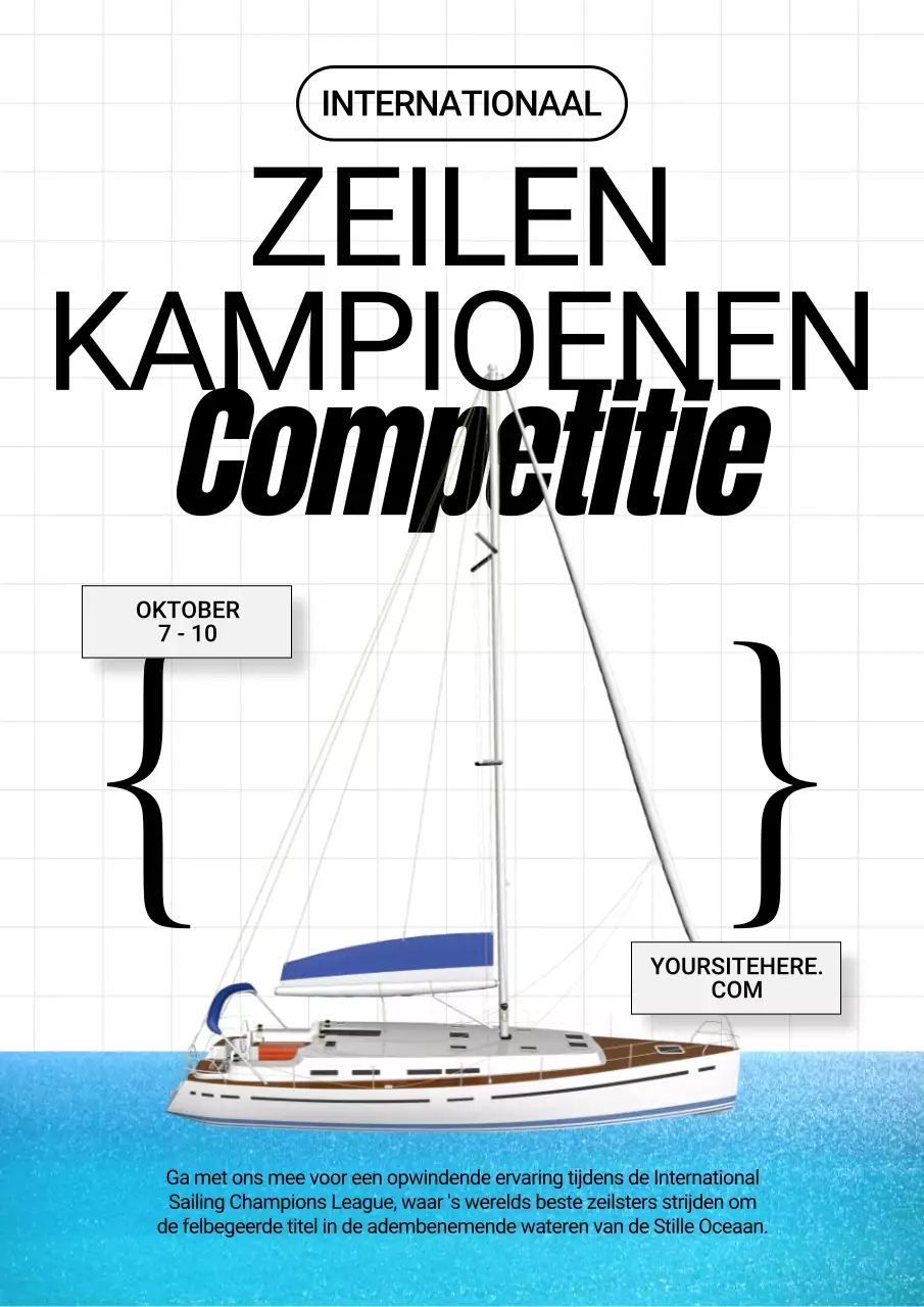 Wedstrijdreclame voor zeilen met lichtblauwe en witte accenten