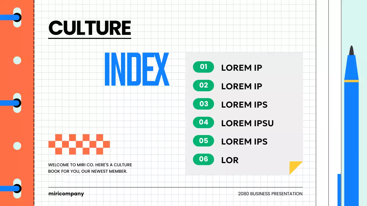 A kitschy corporate culture book introduction in light blue and orange