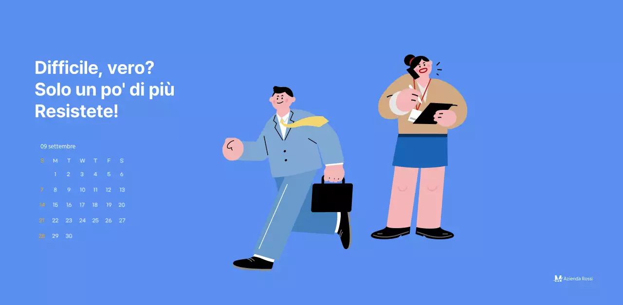 Calendario motivazionale con illustrazioni energetiche e citazioni positive su sfondo azzurro