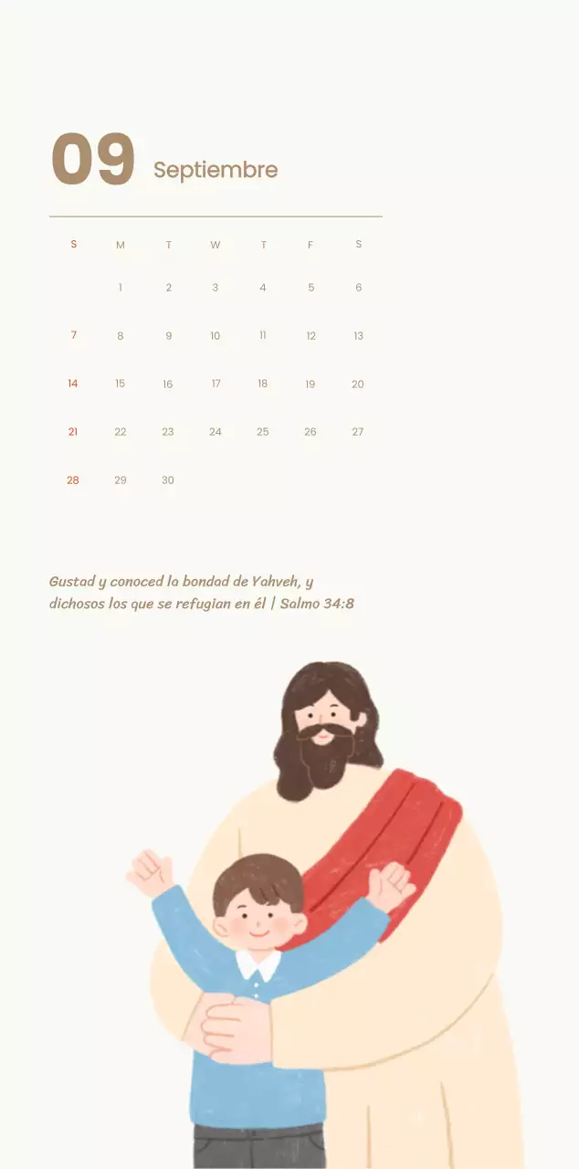 Un calendario devocional con acogedoras ilustraciones y versículos bíblicos sobre fondo azul claro