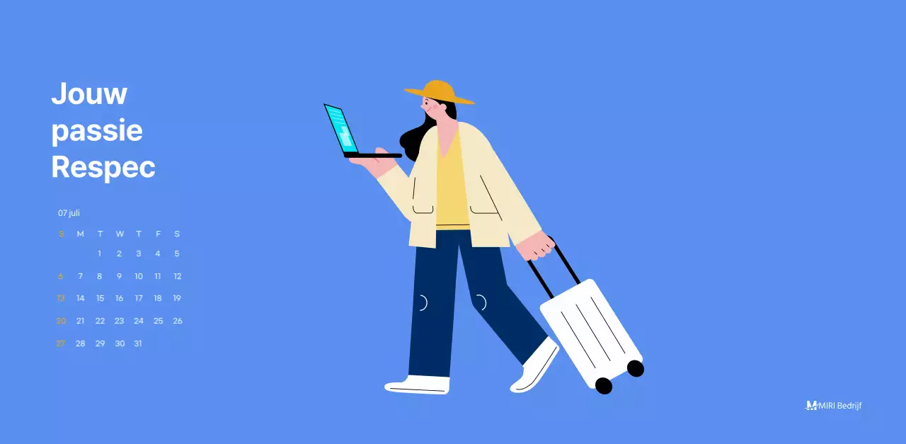 Motiverende kalender met energieke illustraties en positieve citaten op een lichtblauwe achtergrond