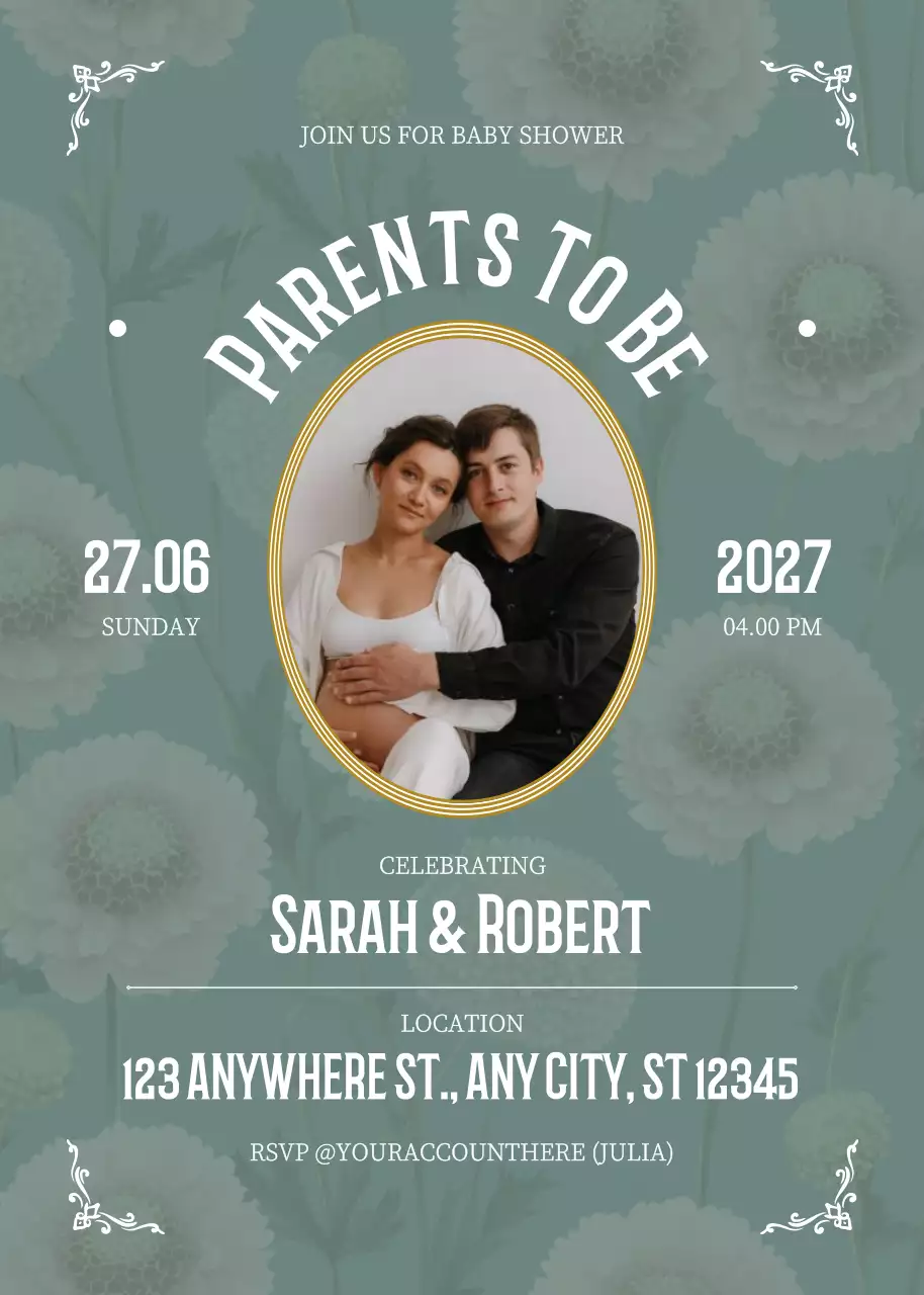 Thiệp mời tiệc mừng em bé chào đời cổ điển màu xanh lá cây