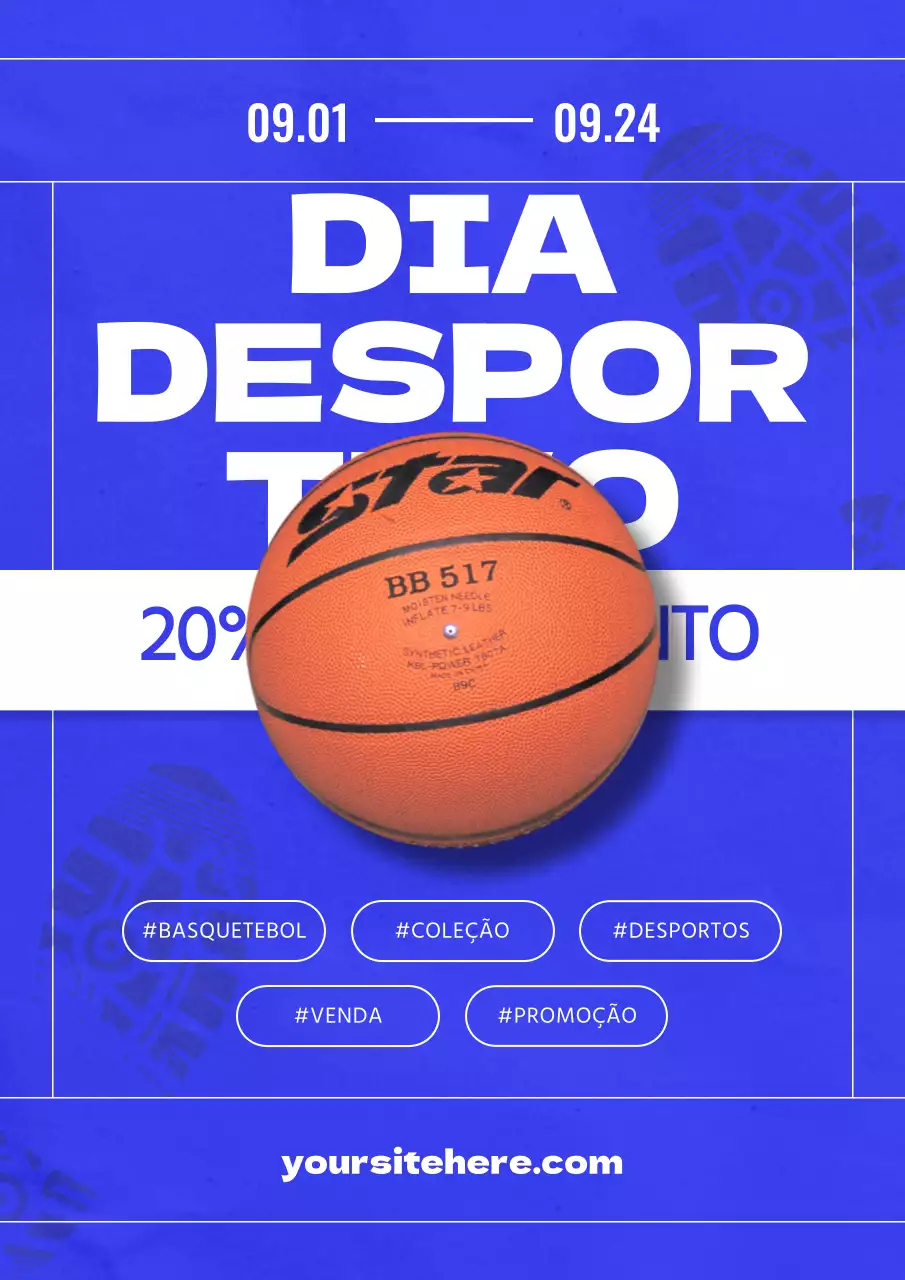 Anúncio de venda de artigos desportivos em azul e branco