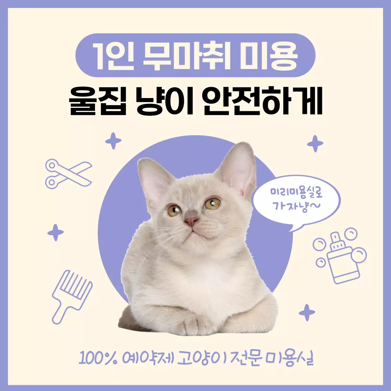 연보라색과 아이보리색의 심플한 무마취 고양이 전문 미용실 광고