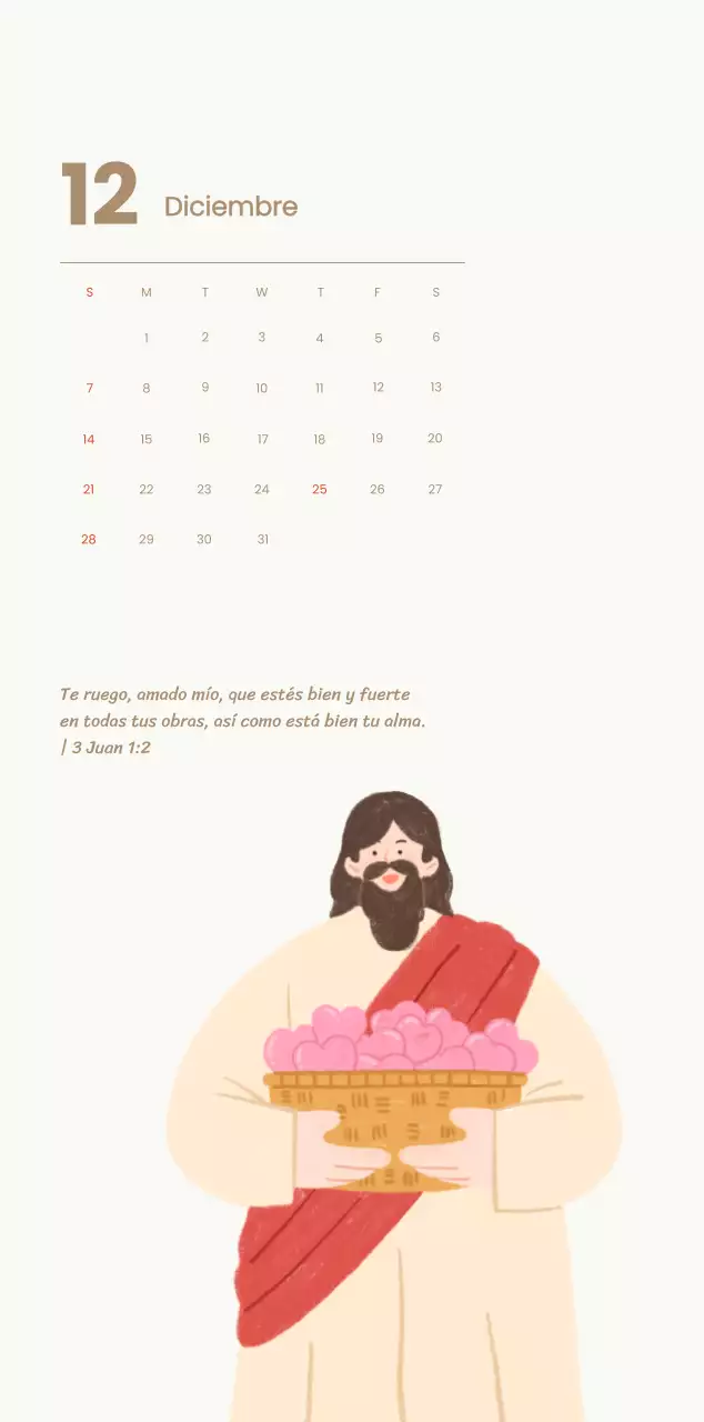 Un calendario devocional con acogedoras ilustraciones y versículos bíblicos sobre fondo azul claro