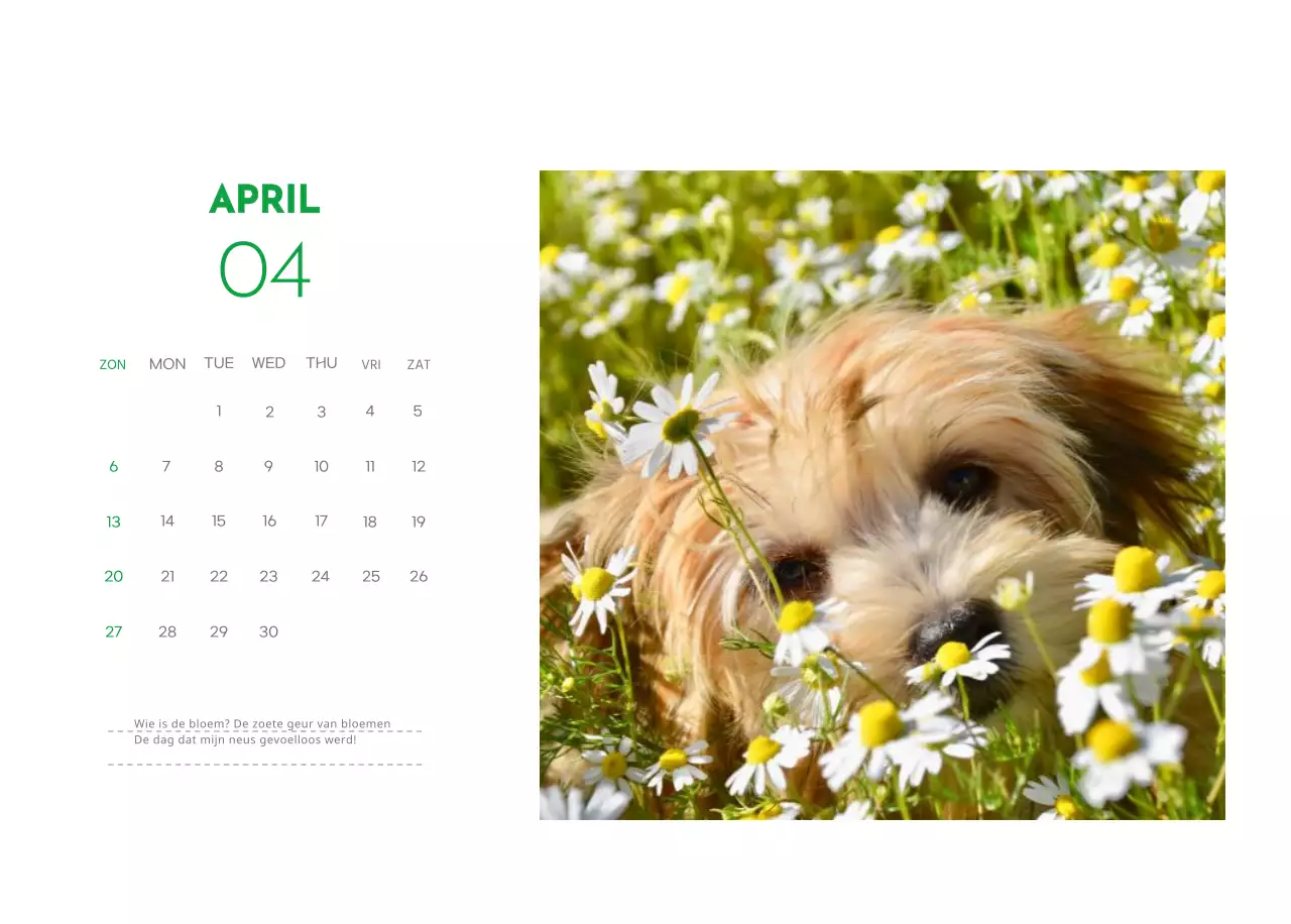Een kalender met een puppyfoto en een schattige boodschap in groene accentkleur