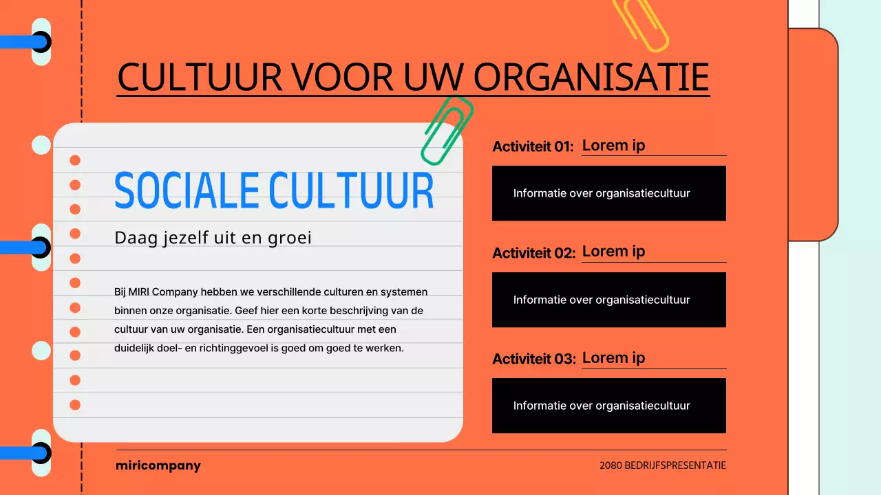 Een kitscherige introductie in een bedrijfscultuurboek in lichtblauw en oranje