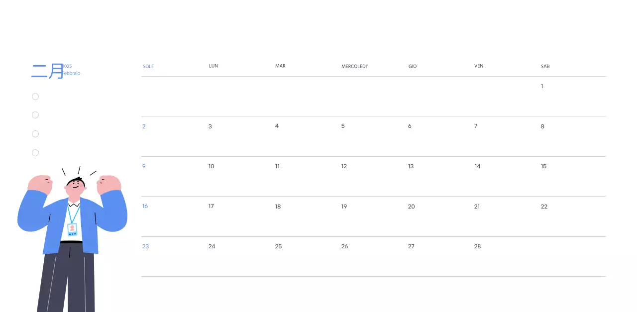 Calendario motivazionale con illustrazioni energetiche e citazioni positive su sfondo azzurro