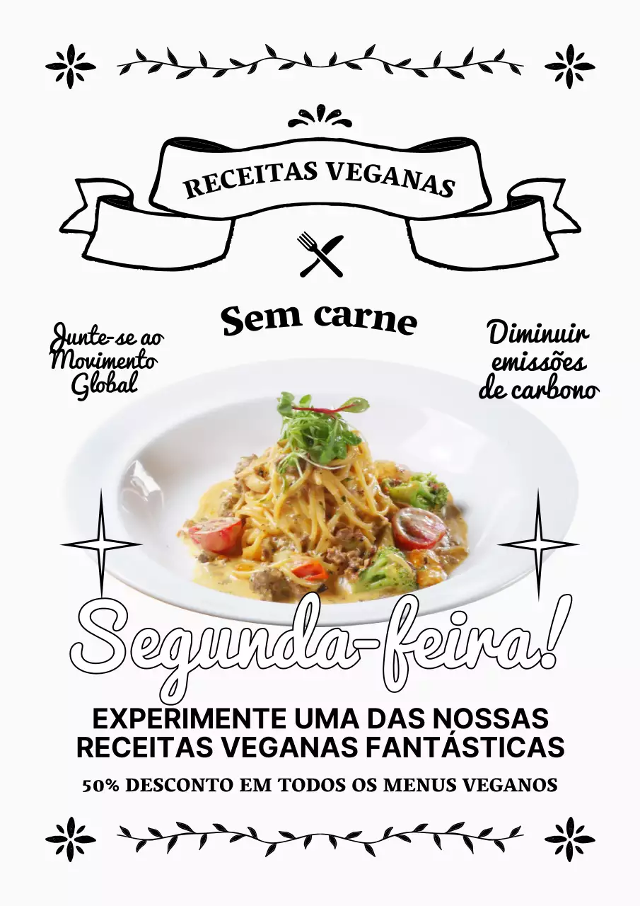 Anúncio de menu vegetariano kitsch a preto e branco