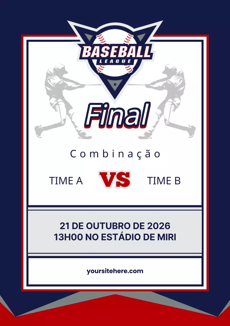 Promover jogos de basebol com detalhes em azul-marinho e vermelho