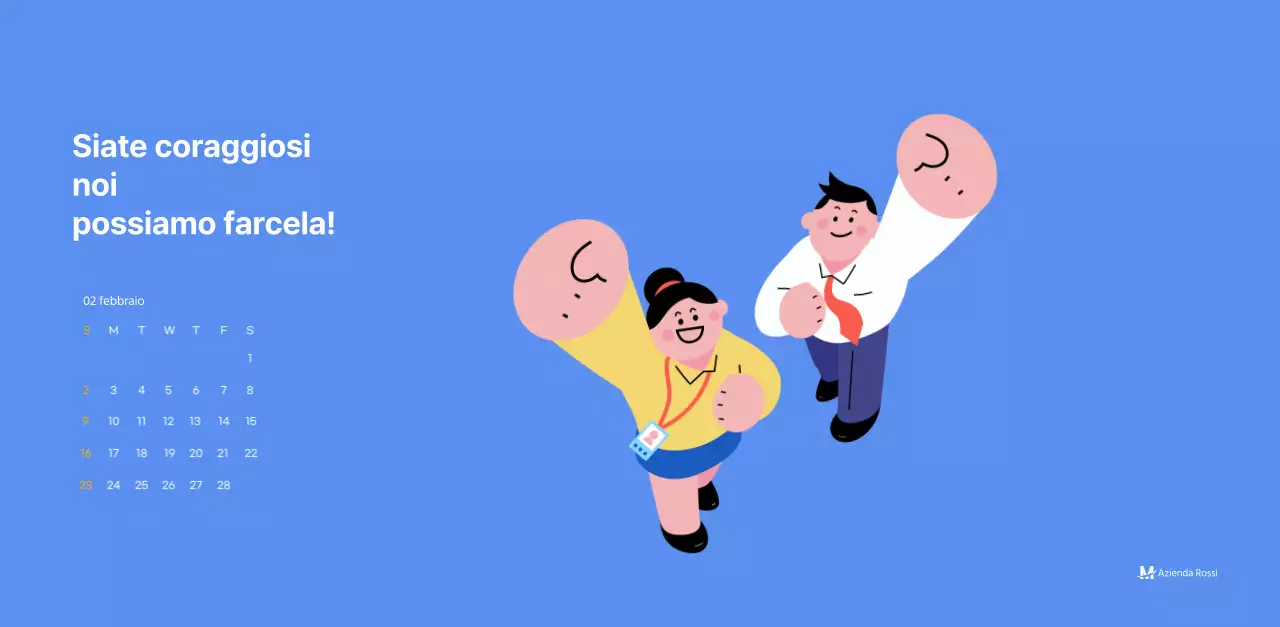 Calendario motivazionale con illustrazioni energetiche e citazioni positive su sfondo azzurro