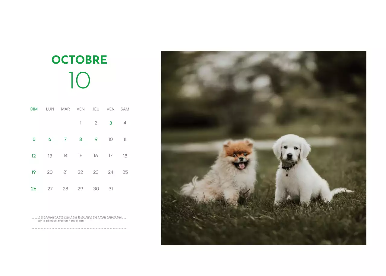Un calendrier avec une photo de chiot et un message mignon dans une couleur verte.