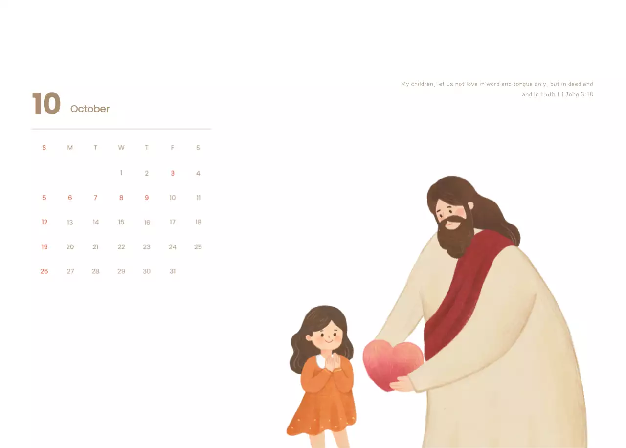 Word calendar with cozy illustrations and Bible verses on a light blue background