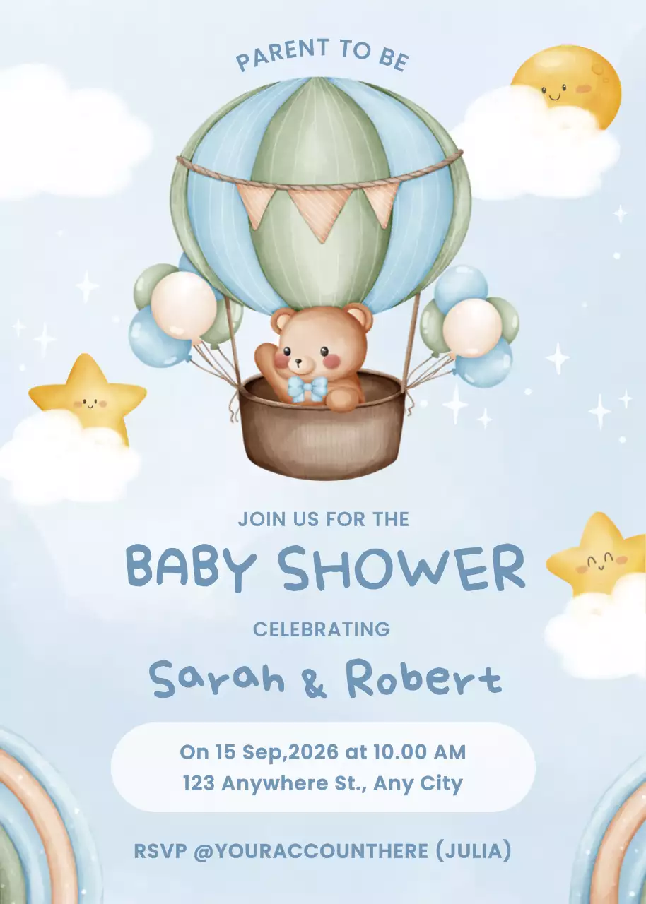 Thiệp mời tiệc mừng em bé màu xanh nhạt dễ thương