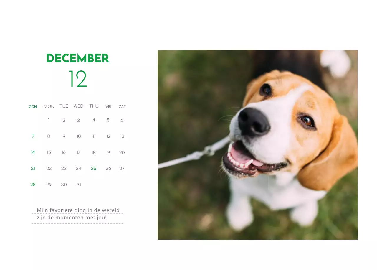 Een kalender met een puppyfoto en een schattige boodschap in groene accentkleur