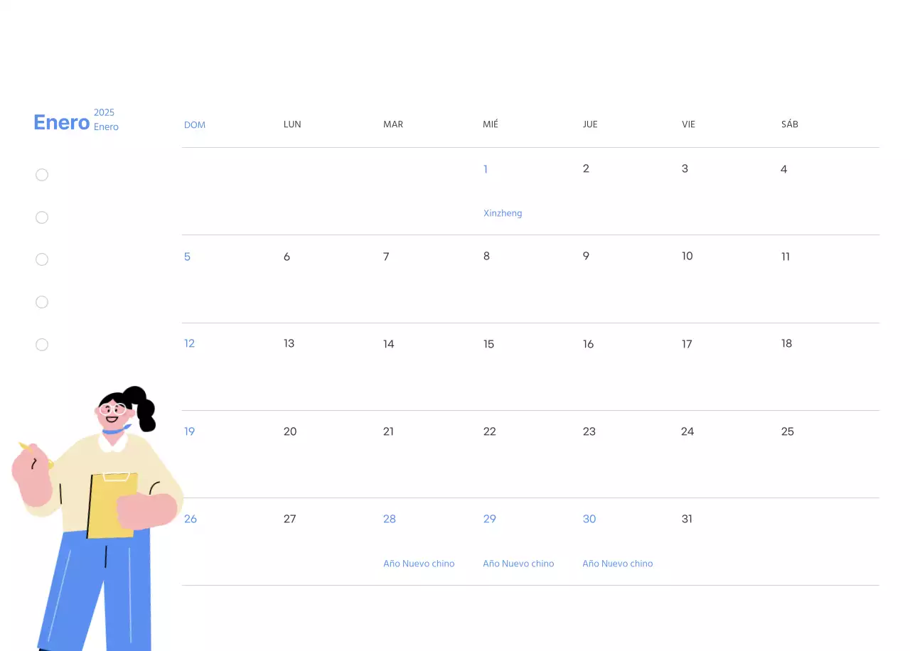 Calendario motivacional con ilustraciones llenas de energía y citas positivas sobre fondo azul claro