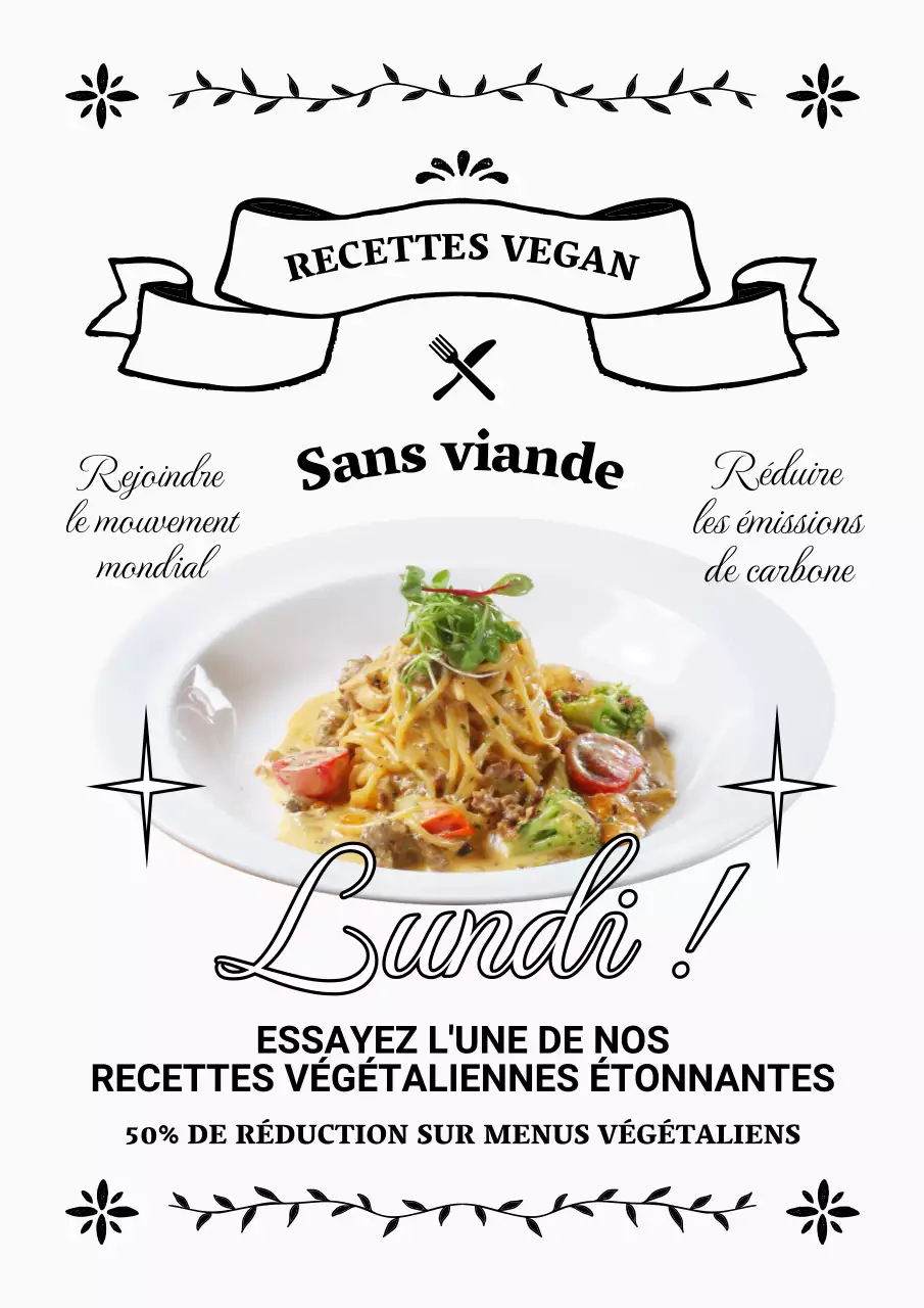 Publicité en noir et blanc pour un menu végétarien kitsch