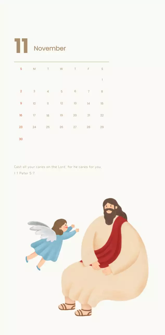 Word calendar with cozy illustrations and Bible verses on a light blue background