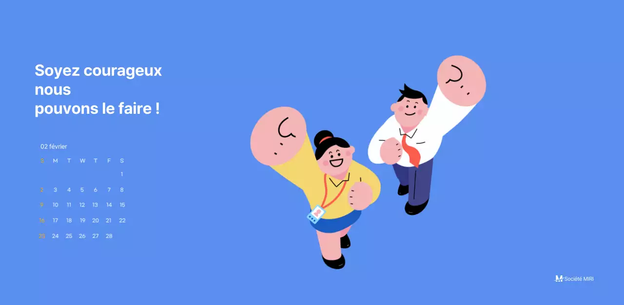 Calendrier de motivation avec des illustrations énergiques et des citations positives sur un fond bleu clair