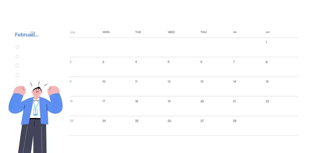 Motiverende kalender met energieke illustraties en positieve citaten op een lichtblauwe achtergrond
