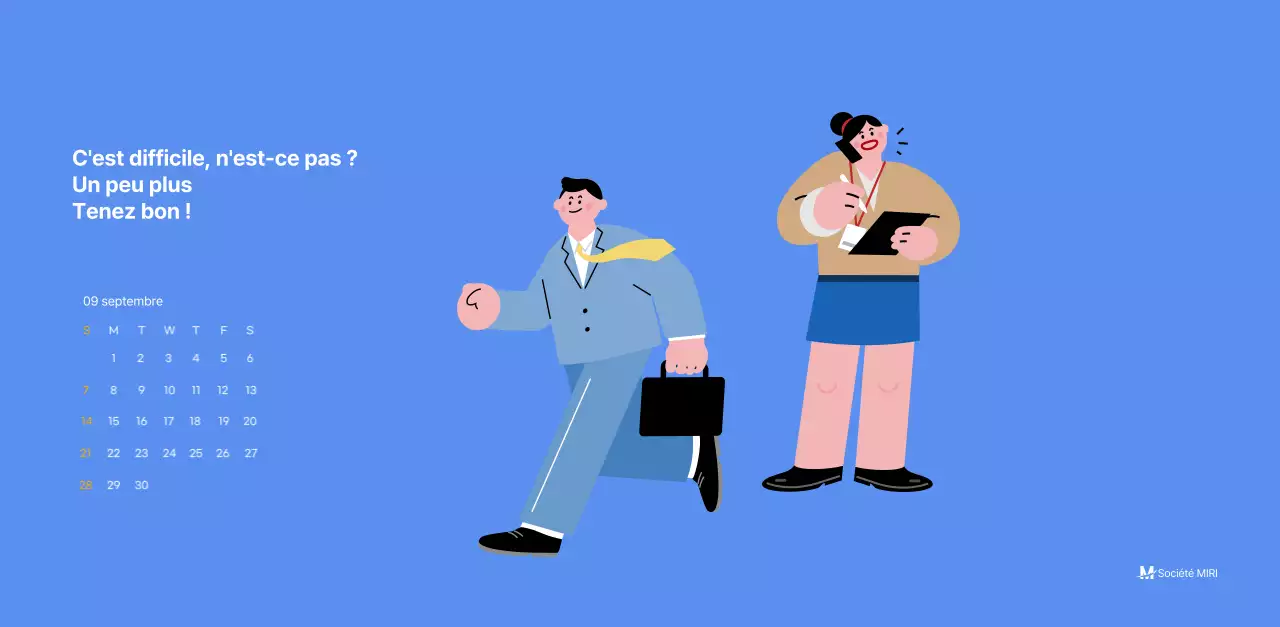 Calendrier de motivation avec des illustrations énergiques et des citations positives sur un fond bleu clair