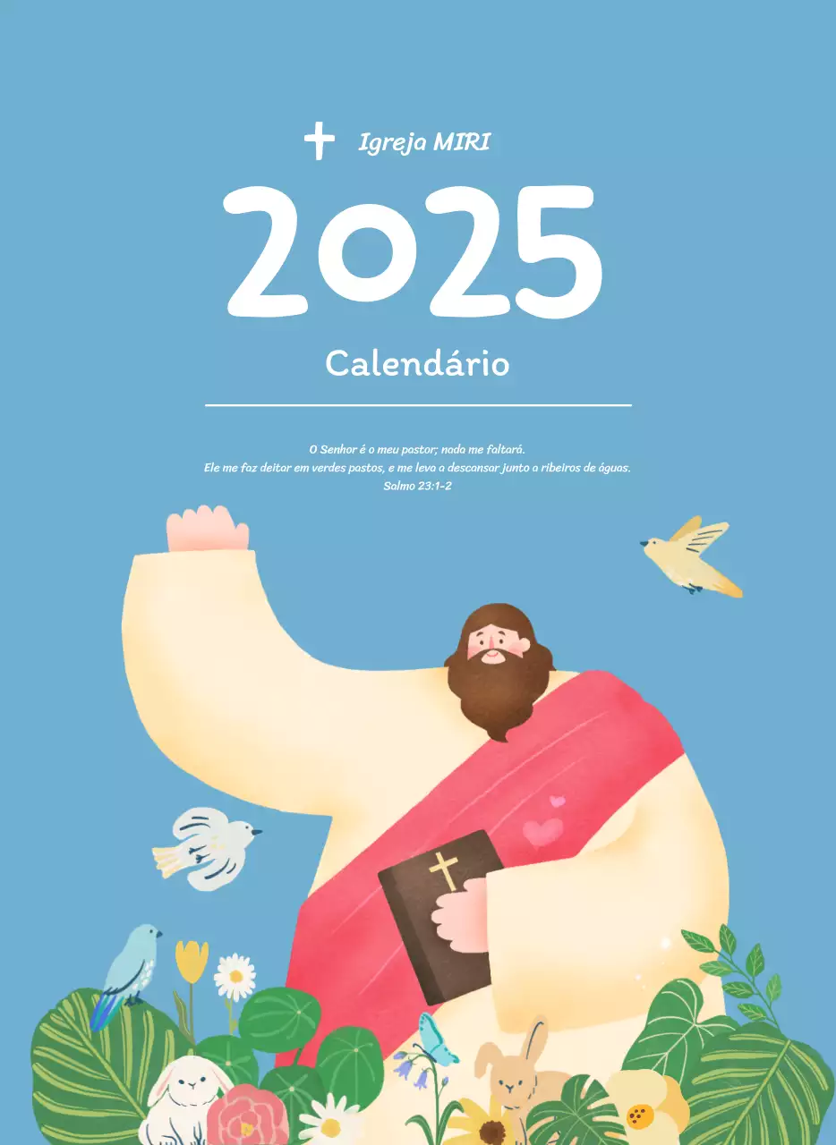 Um calendário devocional com ilustrações acolhedoras e versículos bíblicos sobre um fundo azul claro