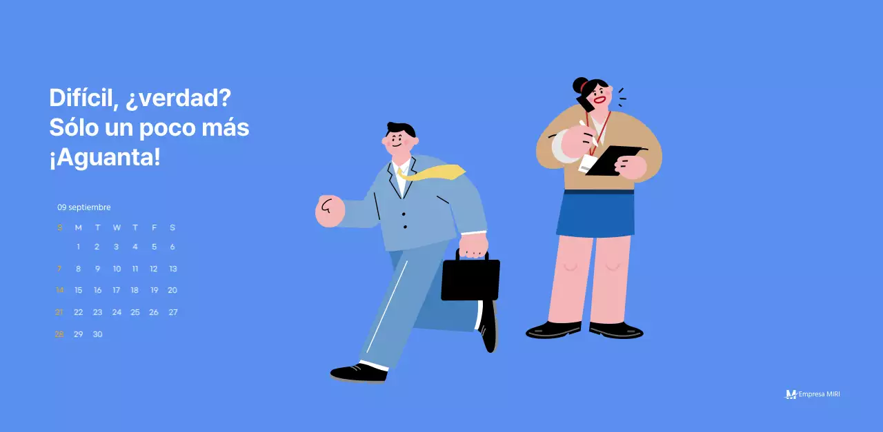 Calendario motivacional con ilustraciones llenas de energía y citas positivas sobre fondo azul claro