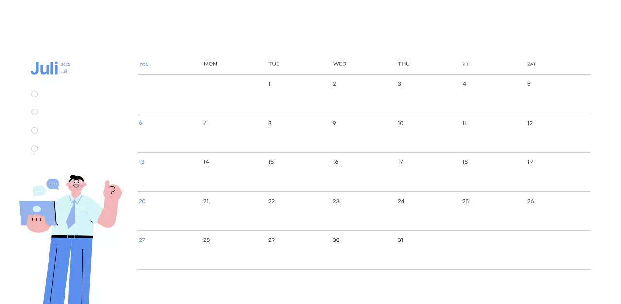 Motiverende kalender met energieke illustraties en positieve citaten op een lichtblauwe achtergrond