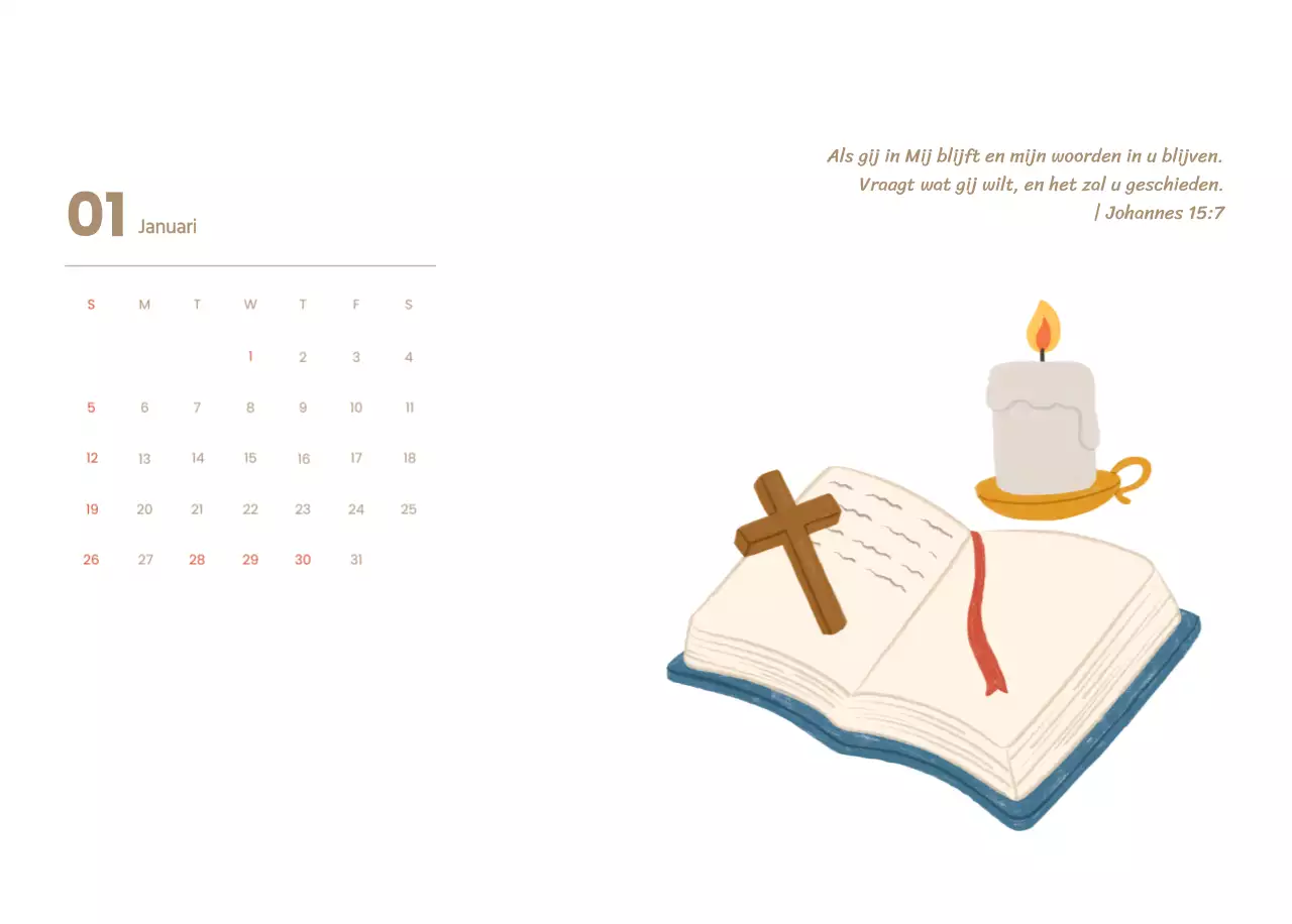 Een devotiekalender met gezellige illustraties en bijbelverzen op een lichtblauwe achtergrond