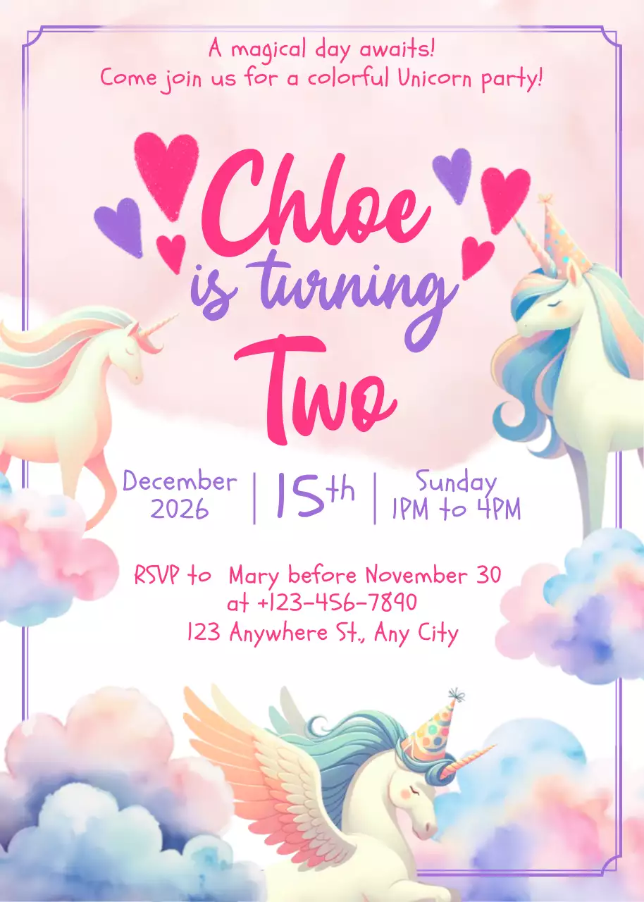 Undangan Ulang Tahun Unicorn Lucu Berwarna Merah Muda
