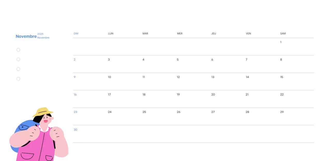 Calendrier de motivation avec des illustrations énergiques et des citations positives sur un fond bleu clair