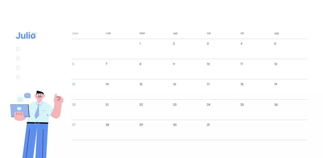 Calendario motivacional con ilustraciones llenas de energía y citas positivas sobre fondo azul claro