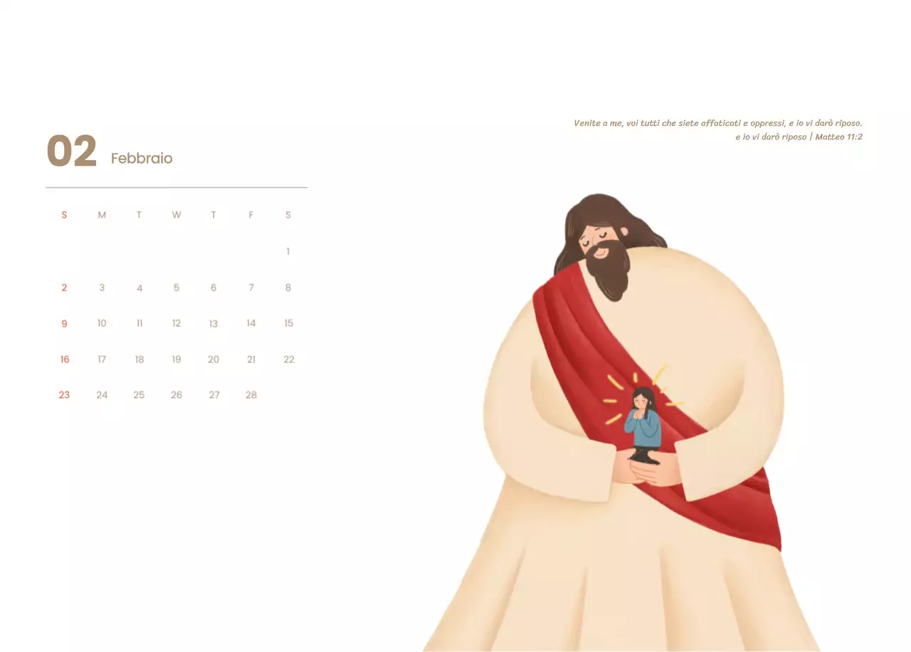Un calendario devozionale con illustrazioni accoglienti e versetti della Bibbia su uno sfondo blu chiaro