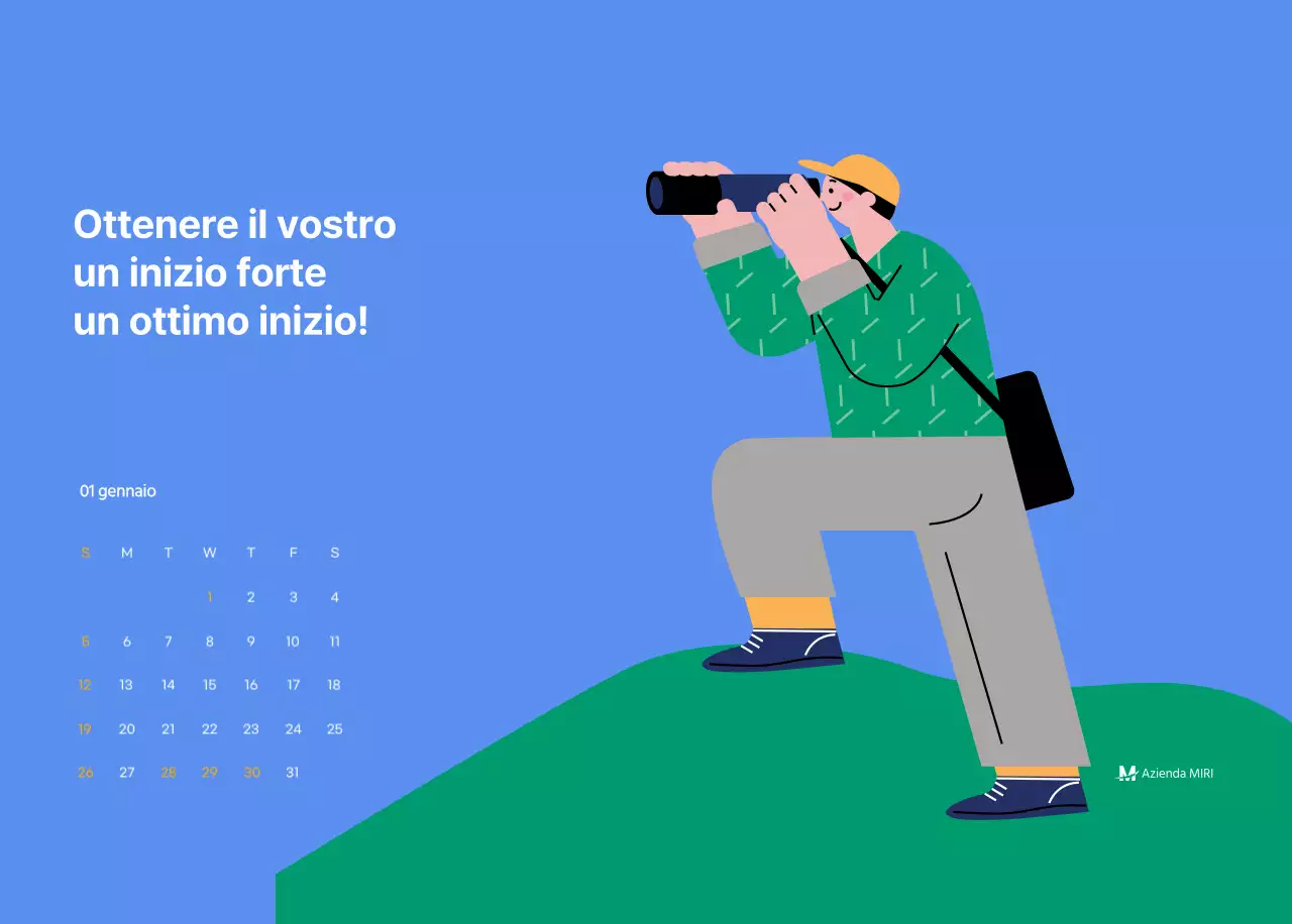 Calendario motivazionale con illustrazioni energetiche e citazioni positive su sfondo azzurro