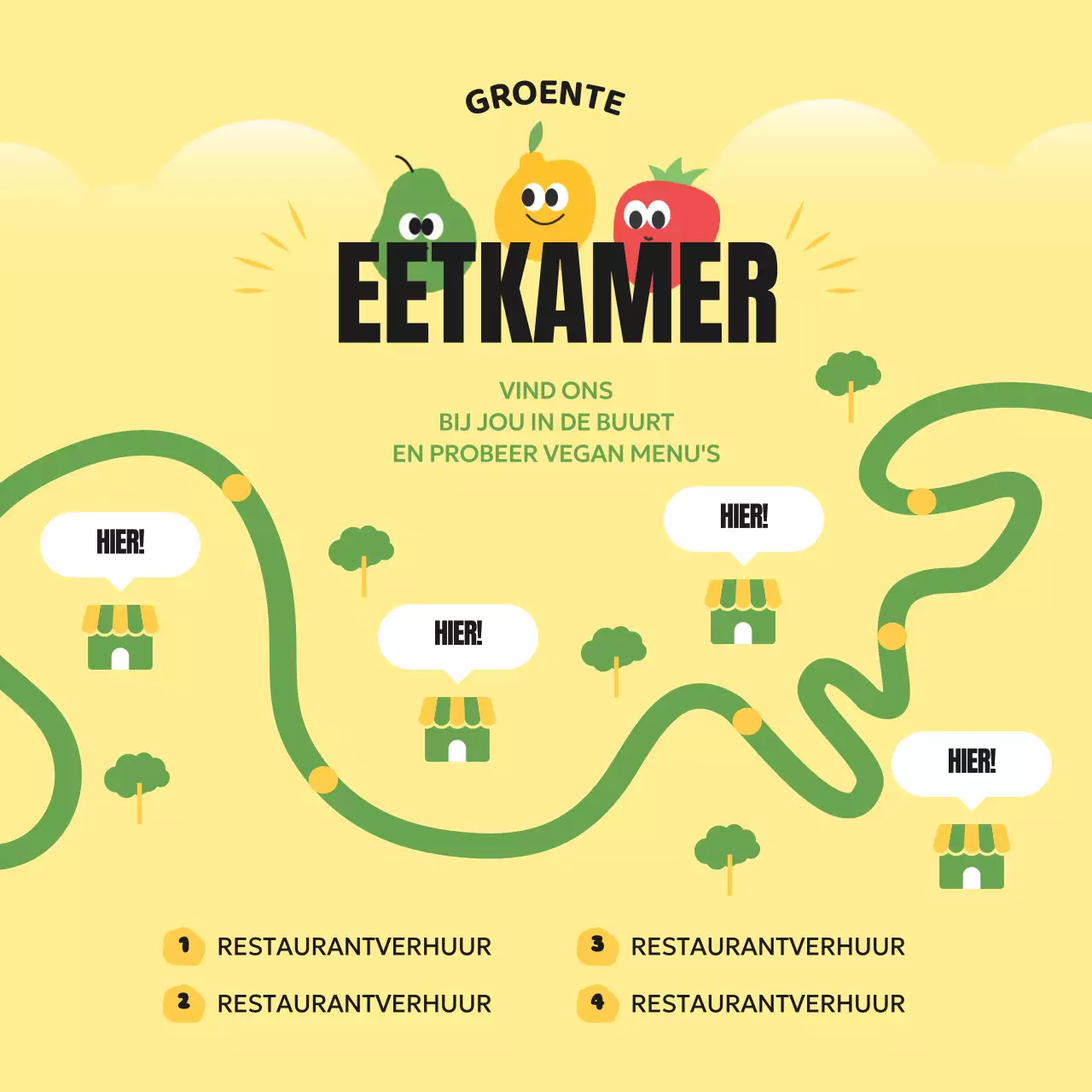 Informatie over dit schattige geel met groene vegetarische restaurant