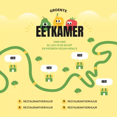 Informatie over dit schattige geel met groene vegetarische restaurant