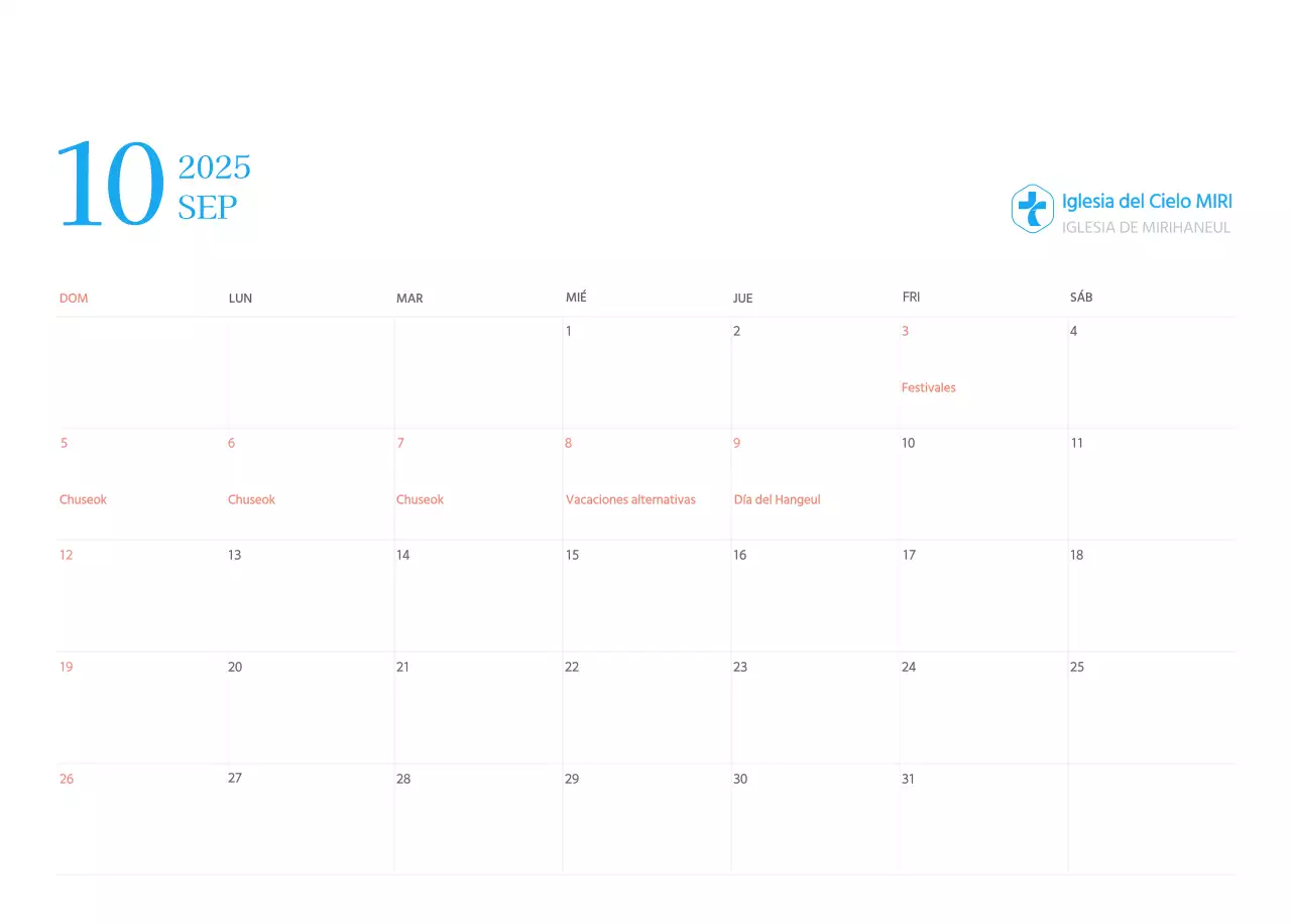 Calendario eclesiástico azul de concepto moderno