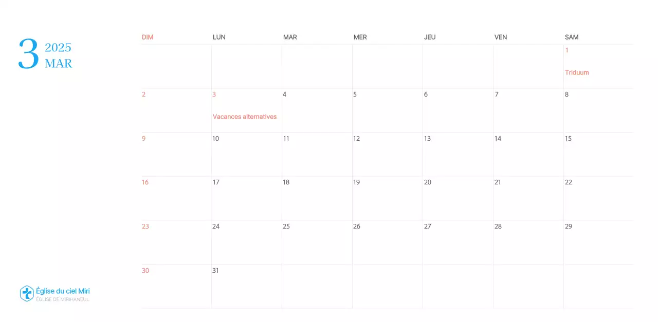 Calendrier d'église moderne bleu