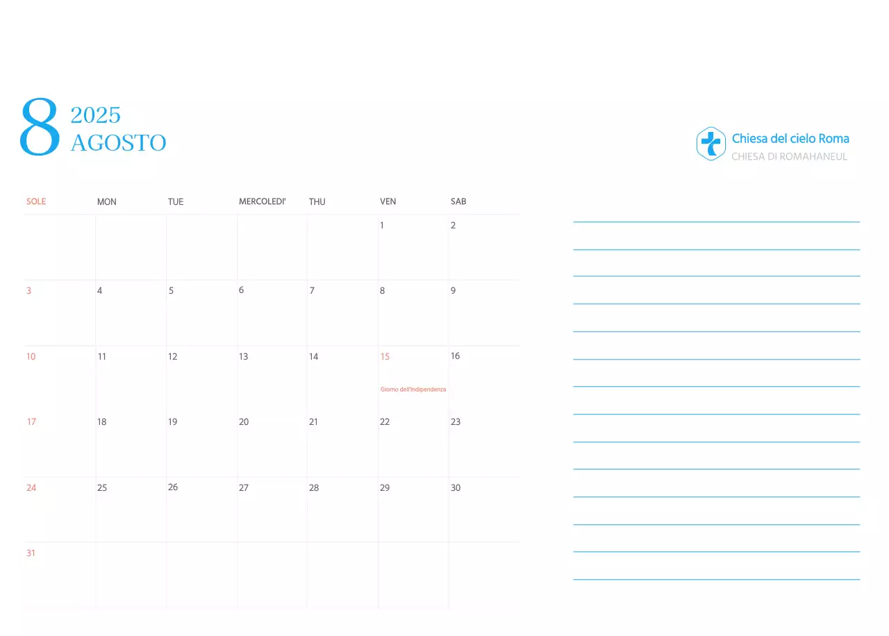 Calendario ecclesiastico blu di concezione moderna