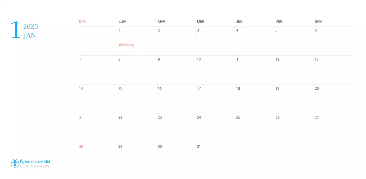 Calendrier d'église moderne bleu