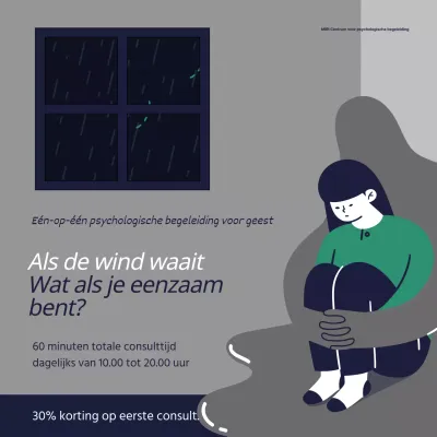 Een grijze en marineblauwe pop-art advertentie voor een psychologisch adviescentrum.
