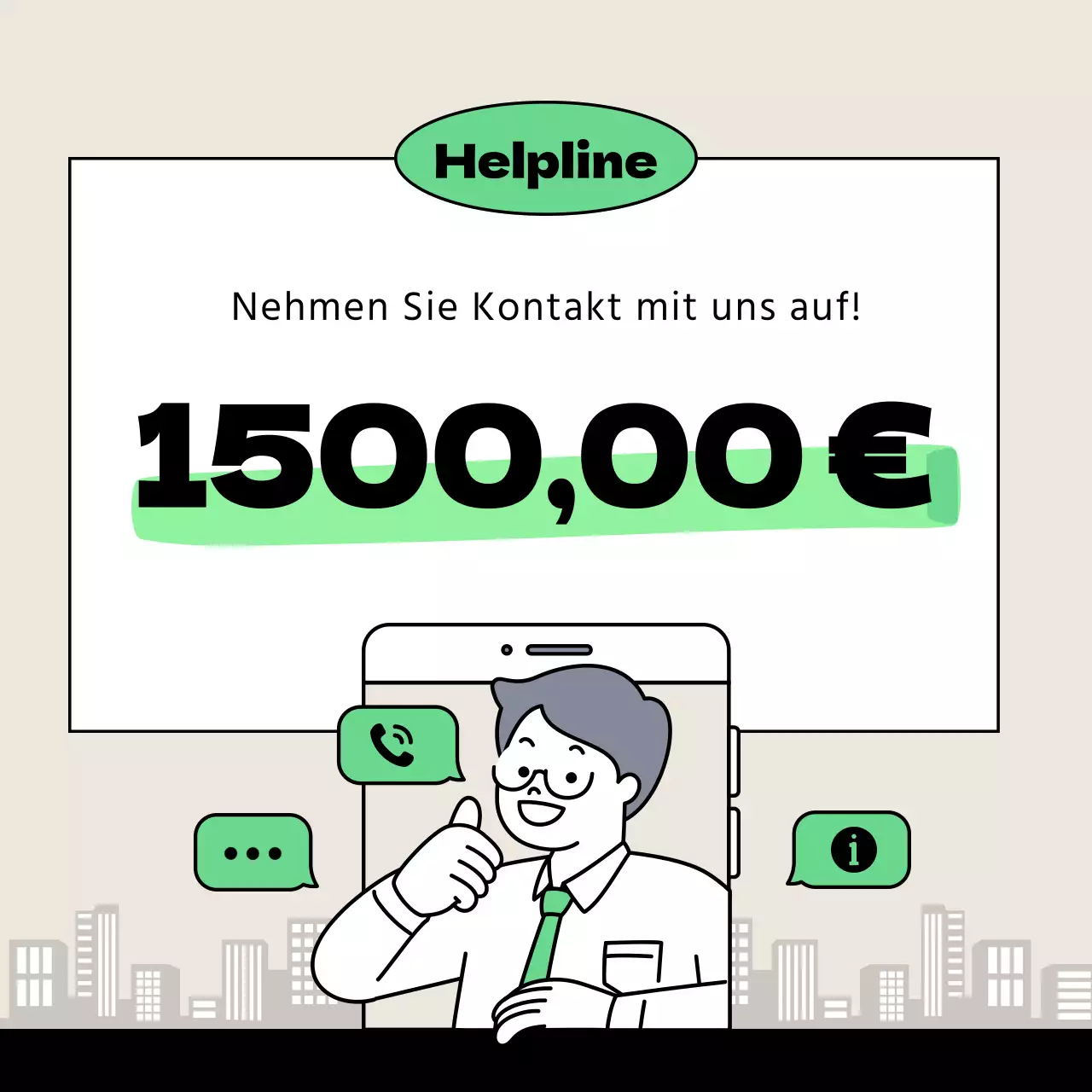 Saubere, lindgrüne und beigefarbene Informationen für die Hotline