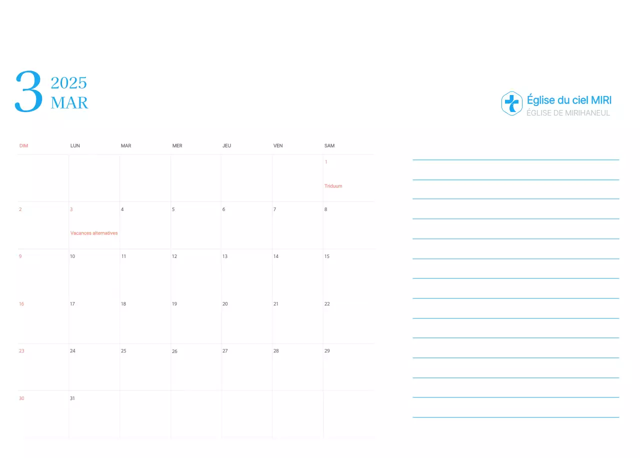 Calendrier d'église moderne bleu