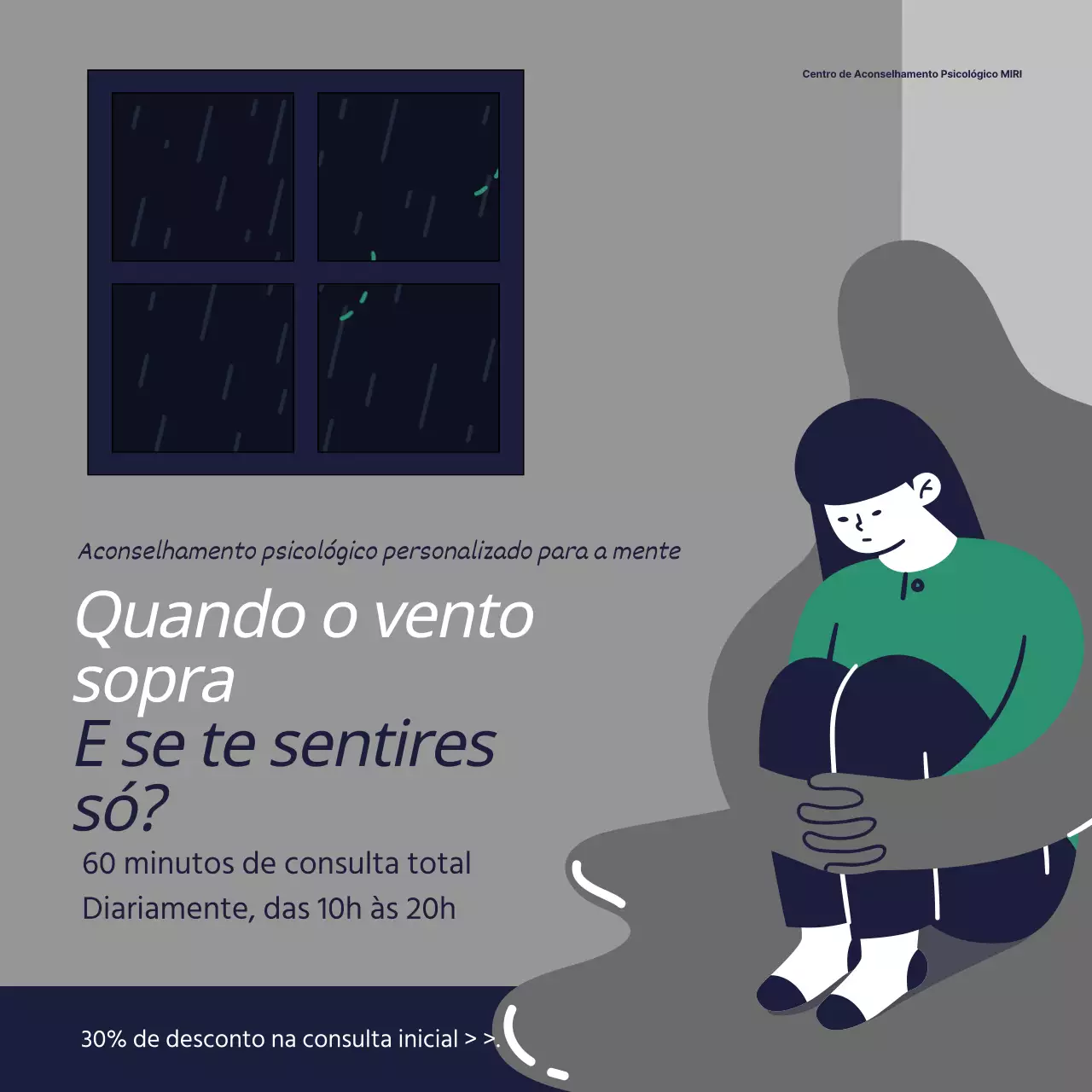 Um anúncio pop art cinzento e azul-marinho para um centro de aconselhamento psicológico.