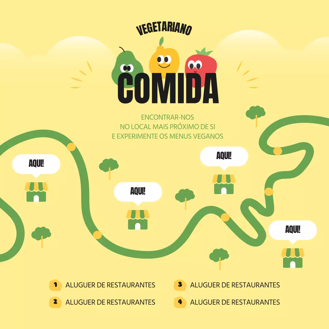 Informações sobre este bonito restaurante vegetariano amarelo e verde