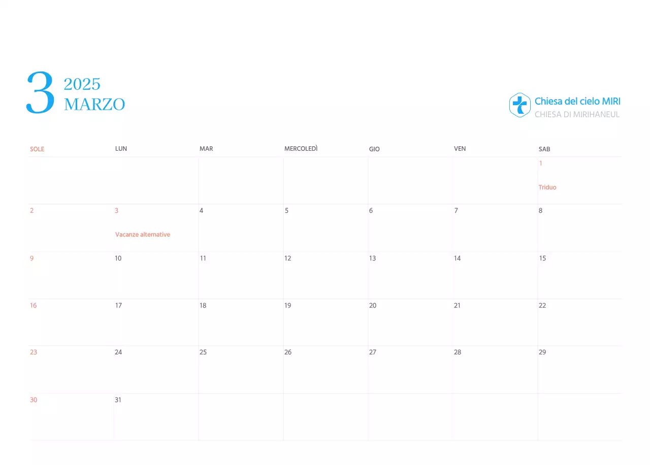 Calendario ecclesiastico blu di concezione moderna